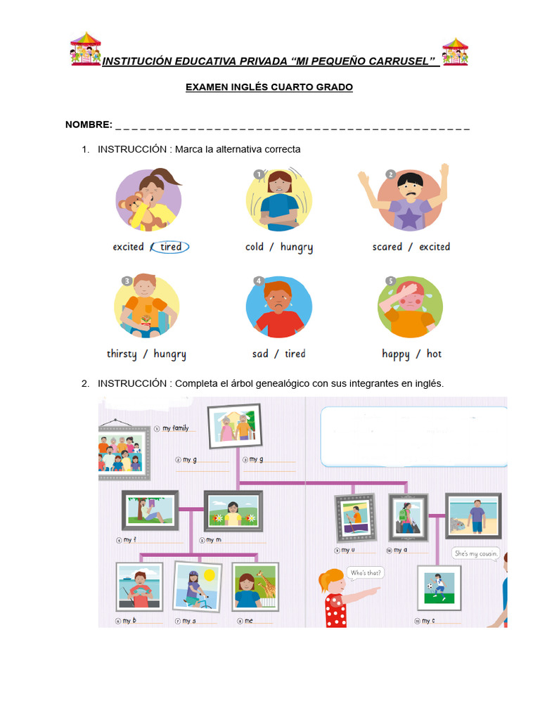 Examen de Inglés para Cuarto Grado | PDF