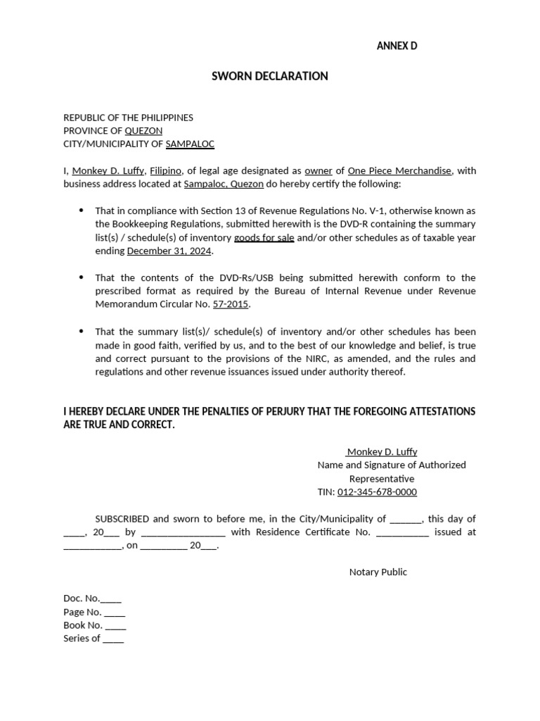 Sworn Declaration for Inventory Compliance | PDF
