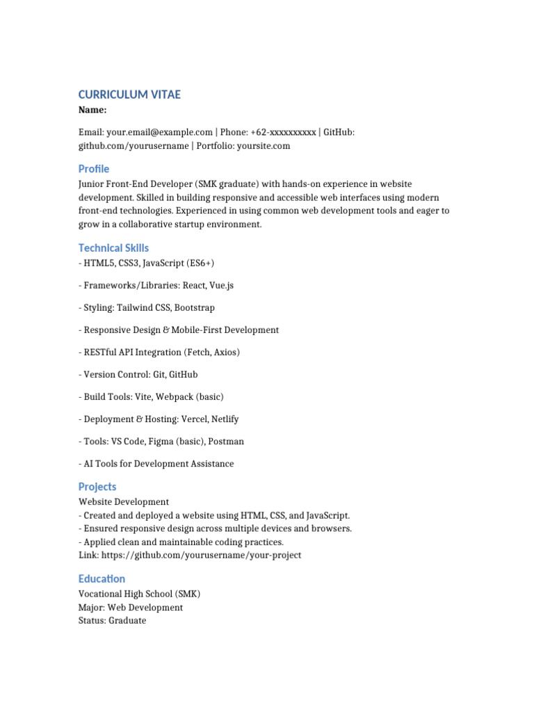 CV SMK Junior Frontend Developer | PDF