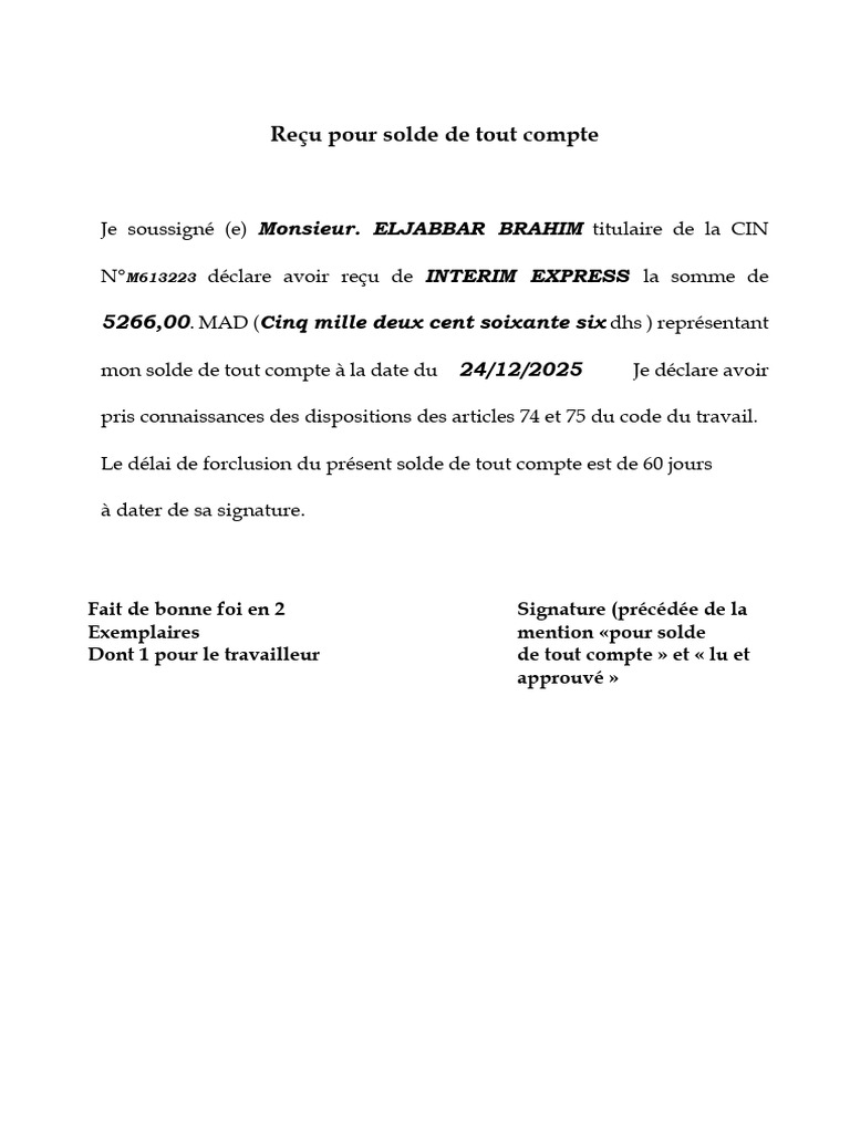 Reçu de solde de tout compte - ELJABBAR | PDF