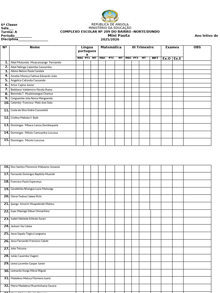 Mini Pauta de Exames 6ª Classe Angola | PDF | Santos cristãos do Novo ...