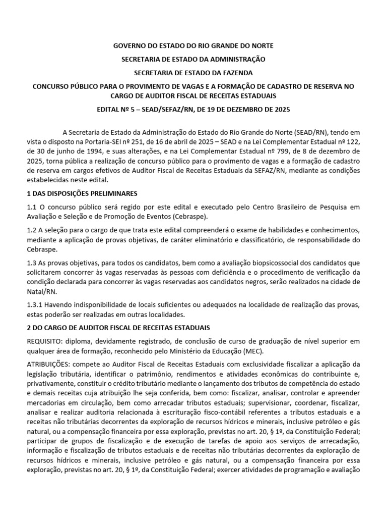 Concurso Auditor Fiscal RN 2025: Edital e Vagas | PDF | Administração ...