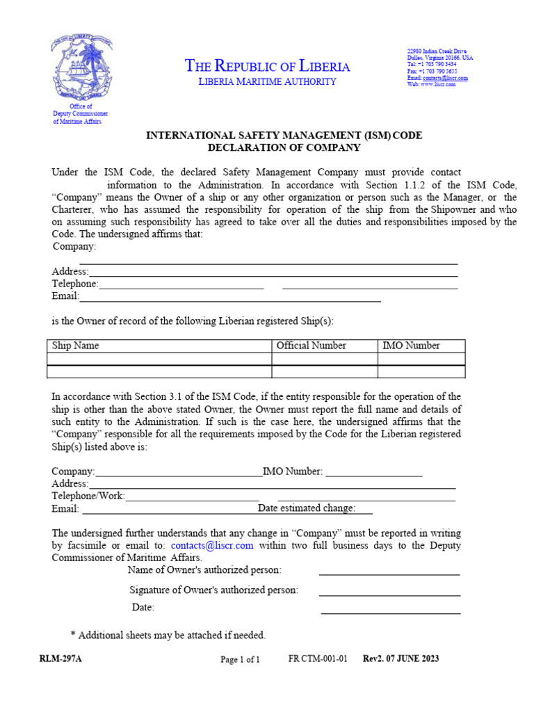 ISM Code Company Declaration Form | PDF | Ships | Admiralty Law