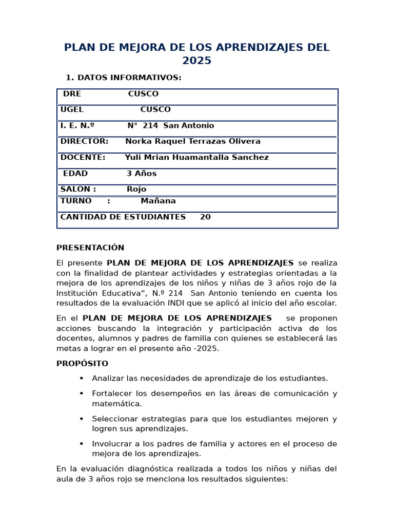 Plan de Mejora Aprendizajes 2025 | PDF | Evaluación | Aprendizaje