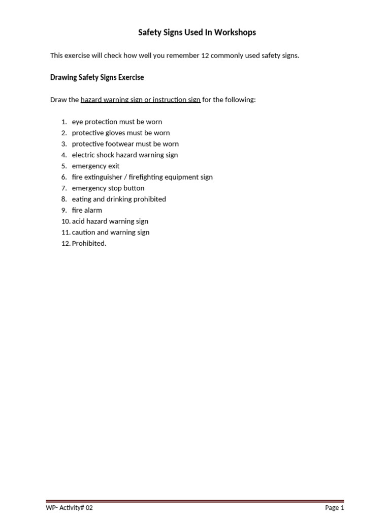 Workshop Safety Signs Drawing Exercise | PDF