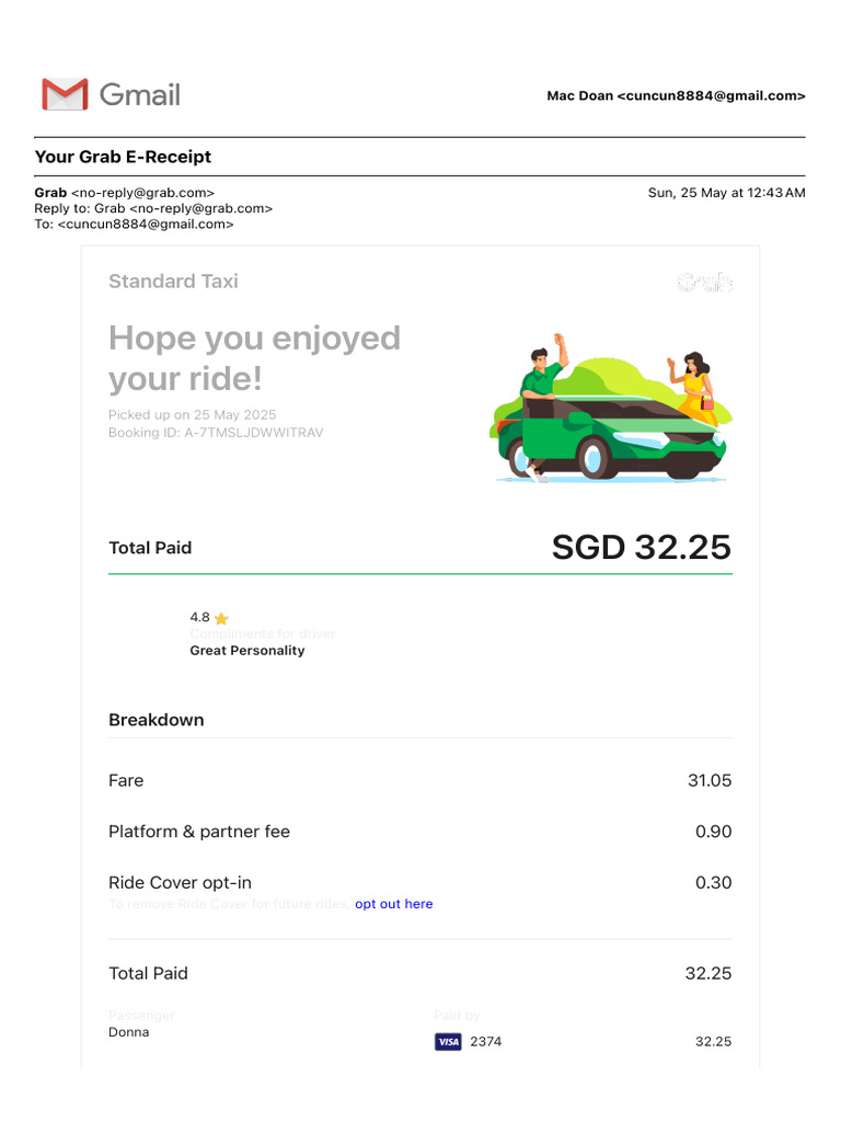 Grab E-Receipt for Standard Taxi Ride | PDF