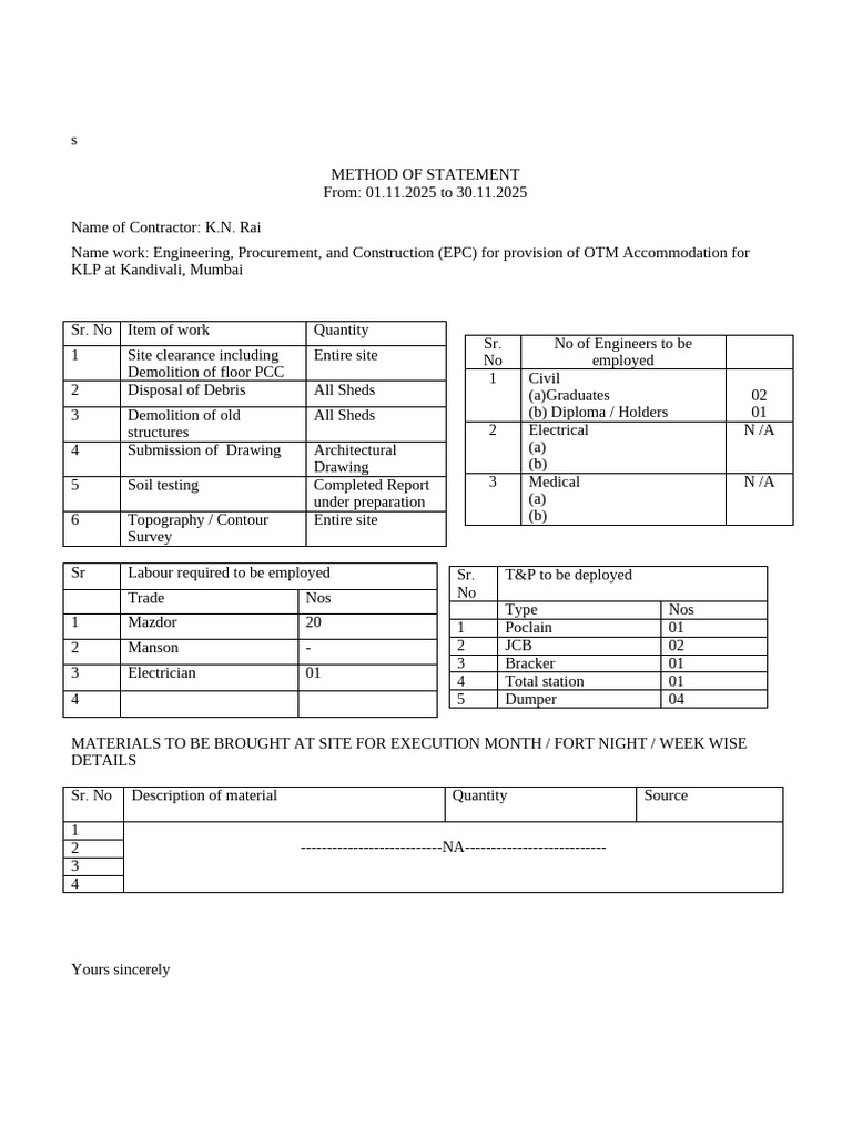 EPC Method Statement for OTM Accommodation | PDF | Engineering