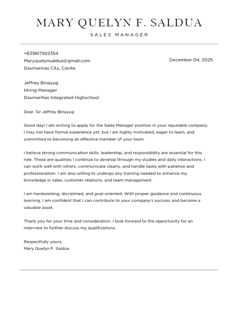 Sales Manager Application Letter | PDF