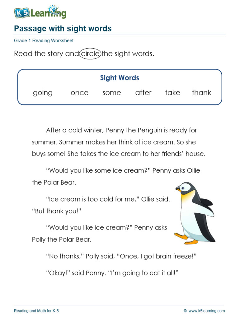 Grade 1 Sight Words Reading Worksheet | PDF