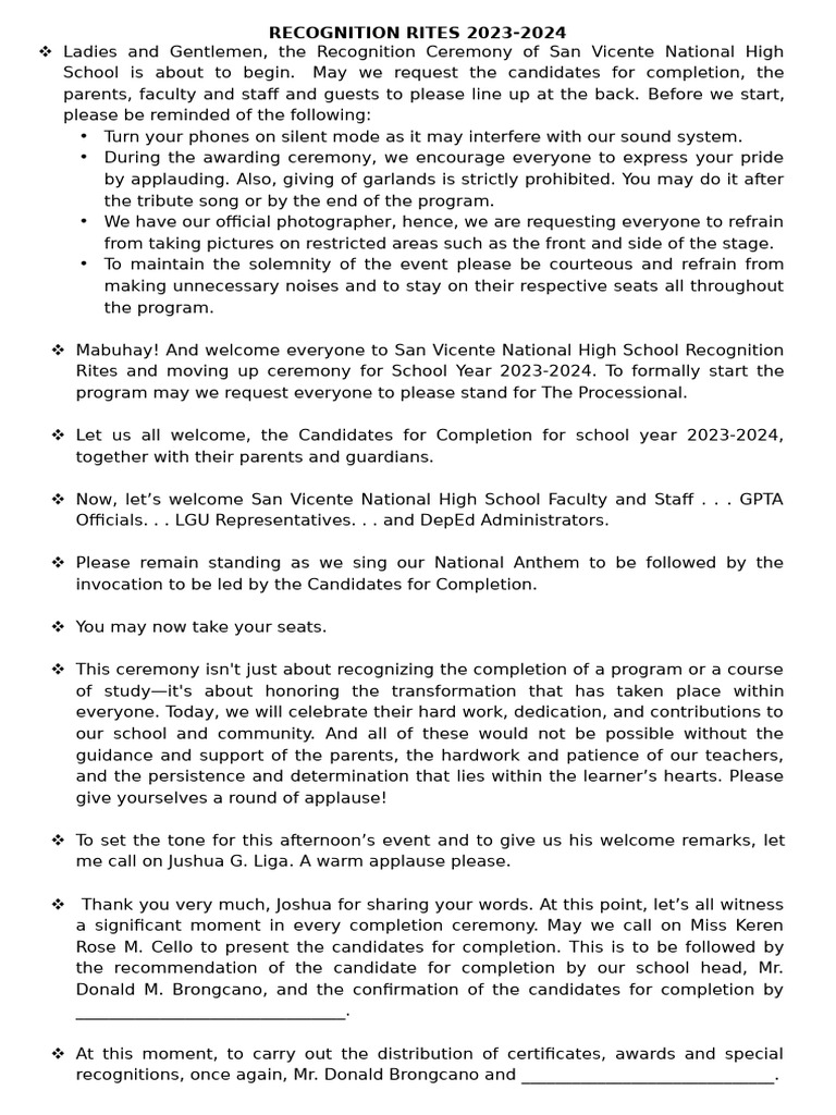 San Vicente High School Recognition Rites 2023-2024 | PDF