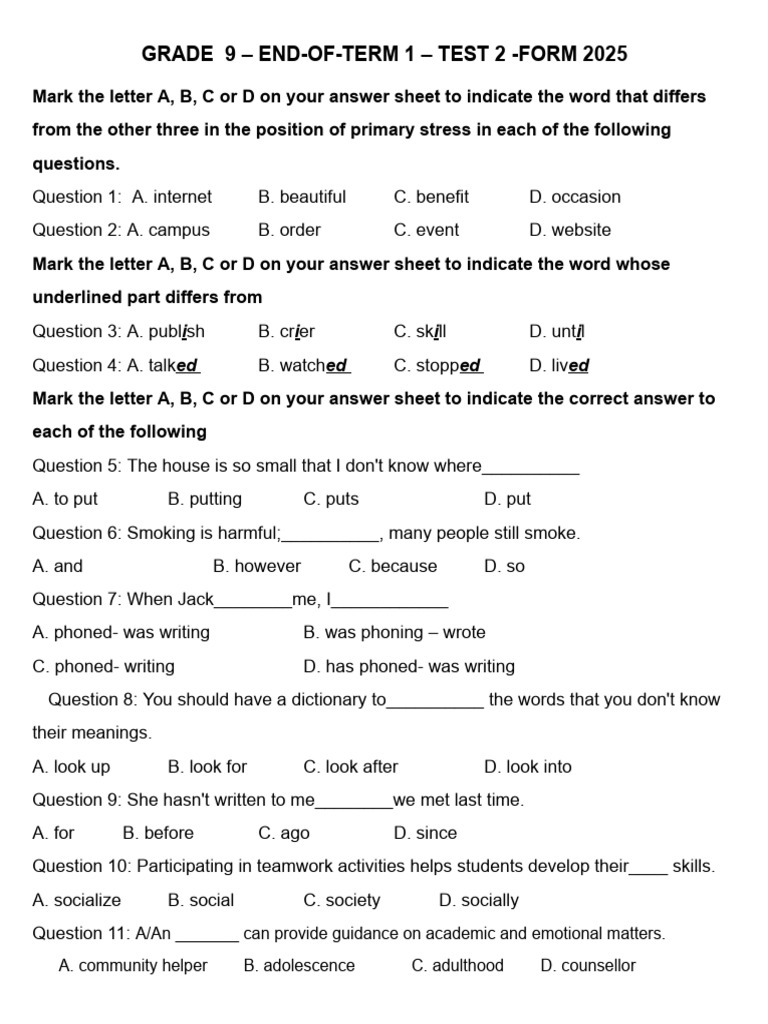 Grade 9 English Test: Stress & Grammar | PDF | Second Language ...