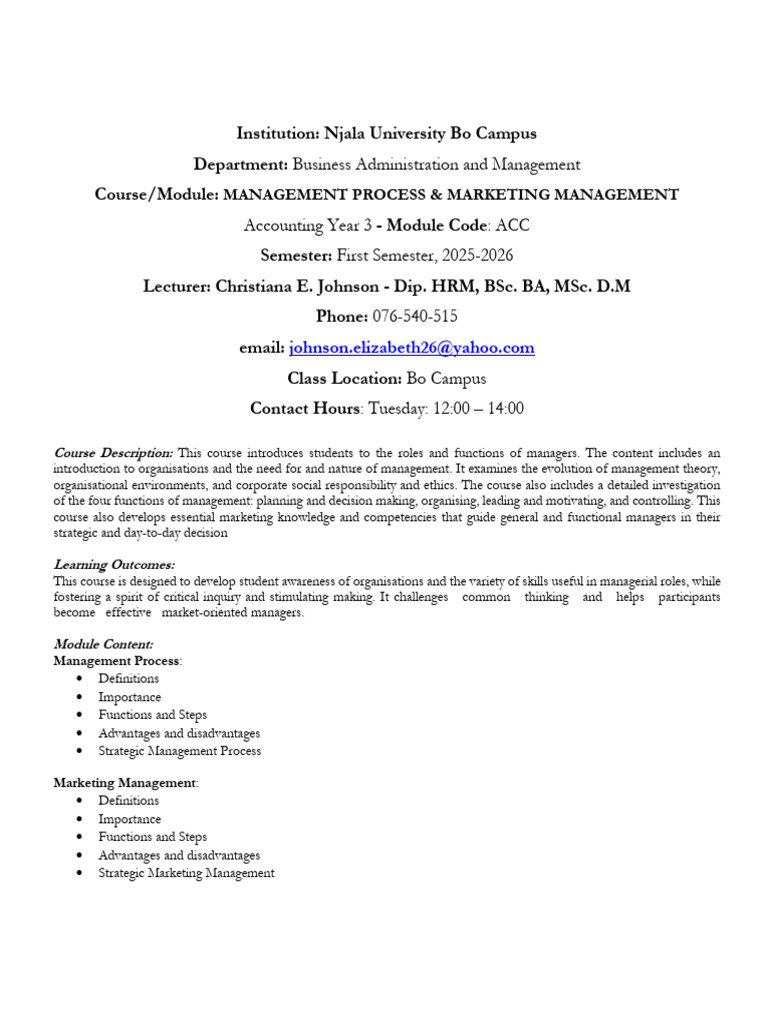 Management and Marketing Course Overview | PDF | Lecture | Cognition
