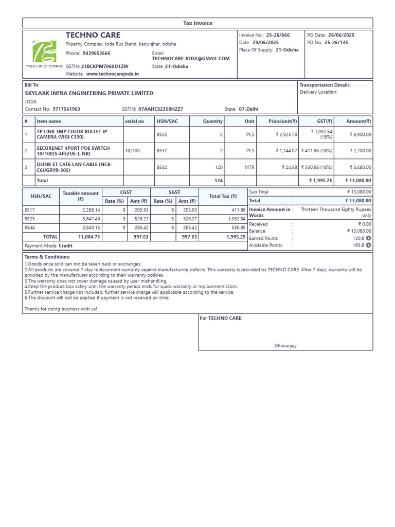 Tax Invoice for TECHNO CARE Services | PDF | Payments