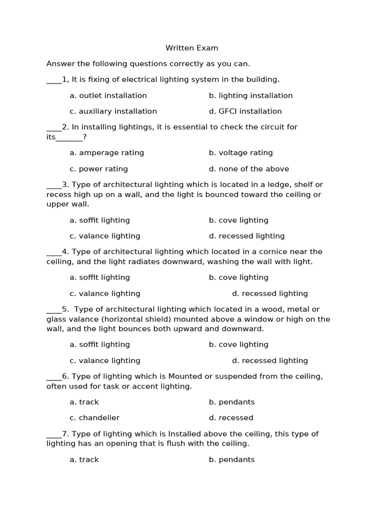 Electrical Lighting Exam Questions | PDF | Lighting | Switch