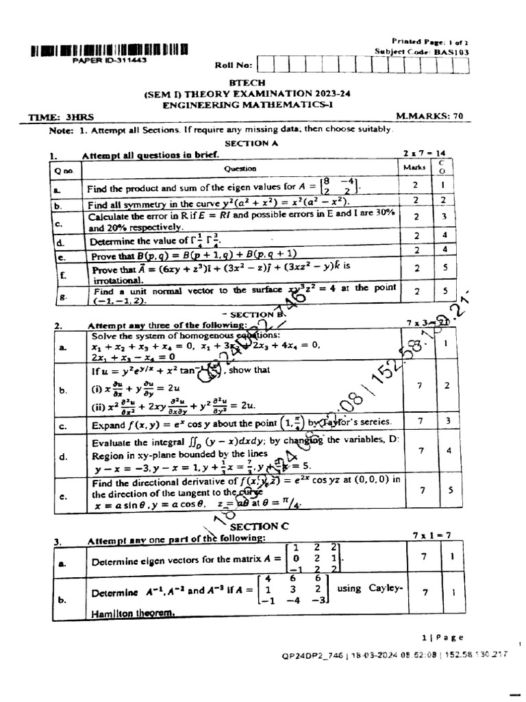 Btech 1 Sem Engineering Mathematics 1 Bas103 Mar 2024 | PDF