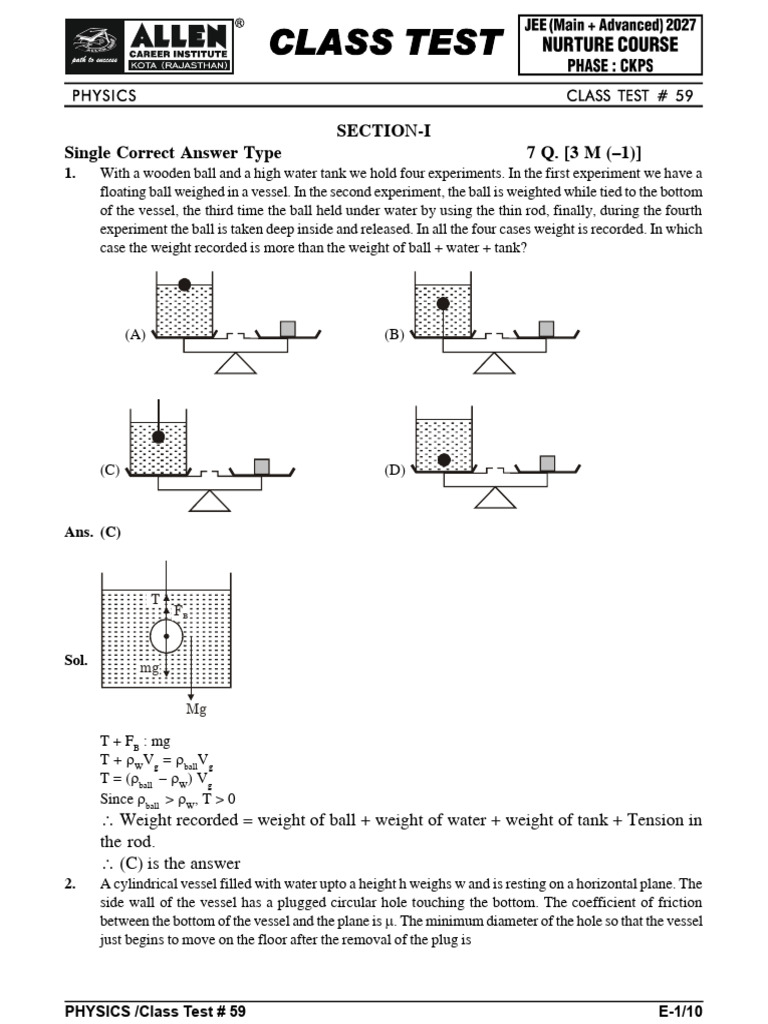 Physics Class Test 59 Solutions | PDF | Pressure | Liquids