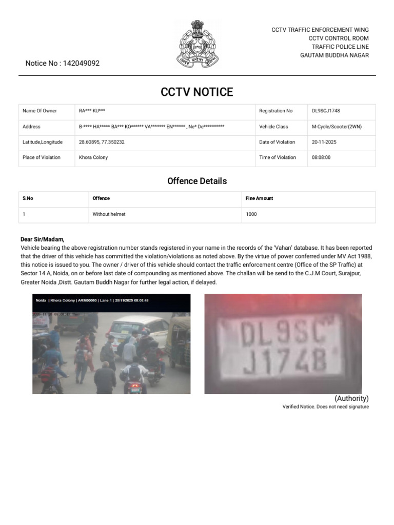 CCTV Traffic Violation Notice: Helmet Fine | PDF