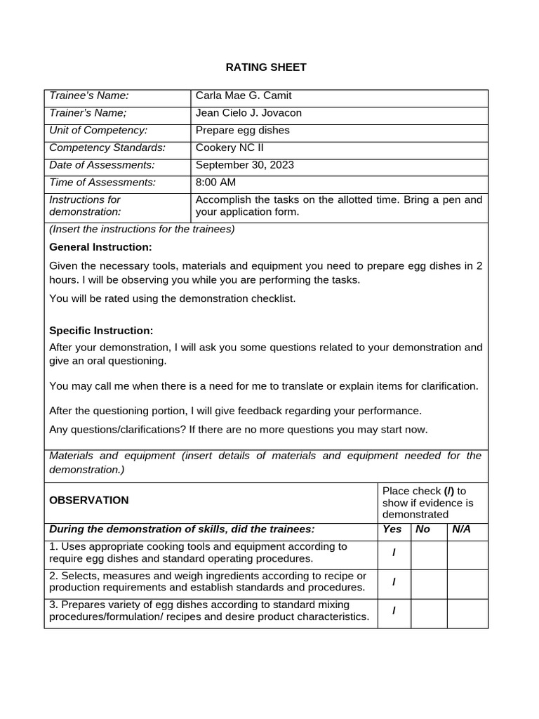 Egg Dishes Preparation Assessment Guide | PDF | Cooking | Oven