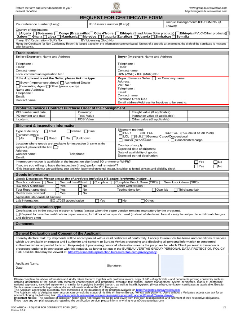 BV Request for Certificate Form | PDF