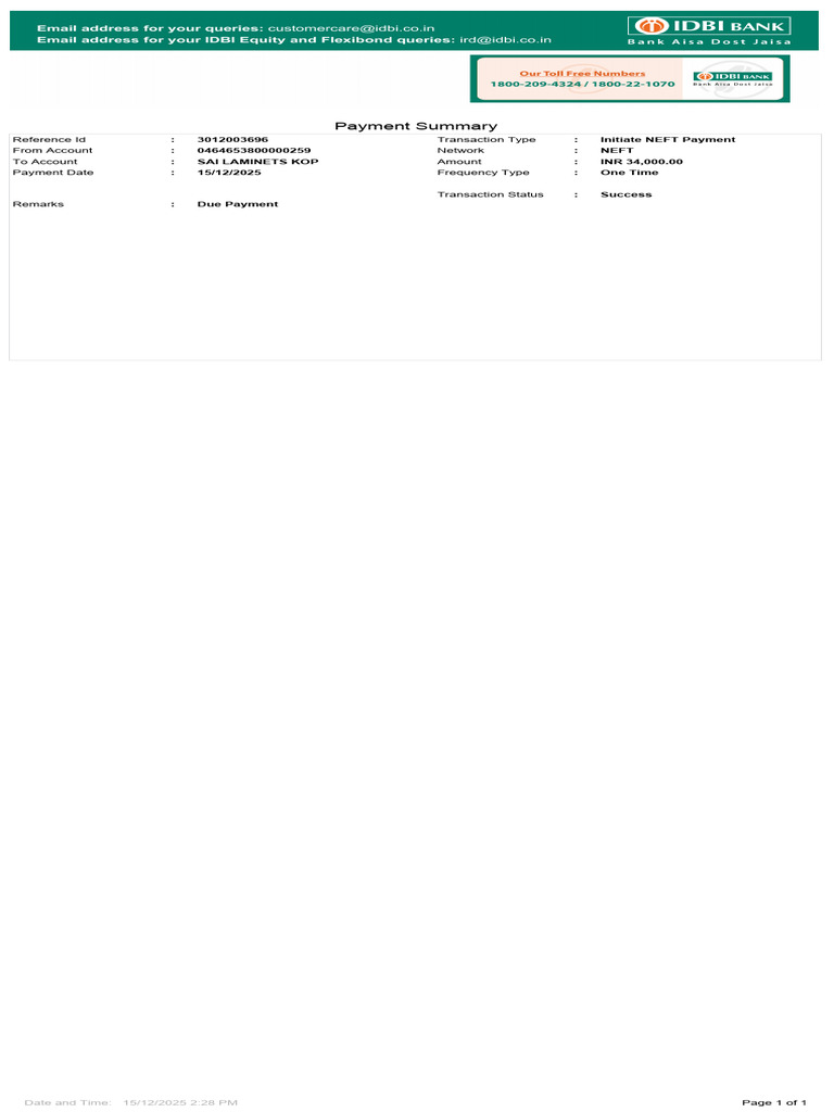 NEFT Payment Summary: INR 34,000 Transaction | PDF
