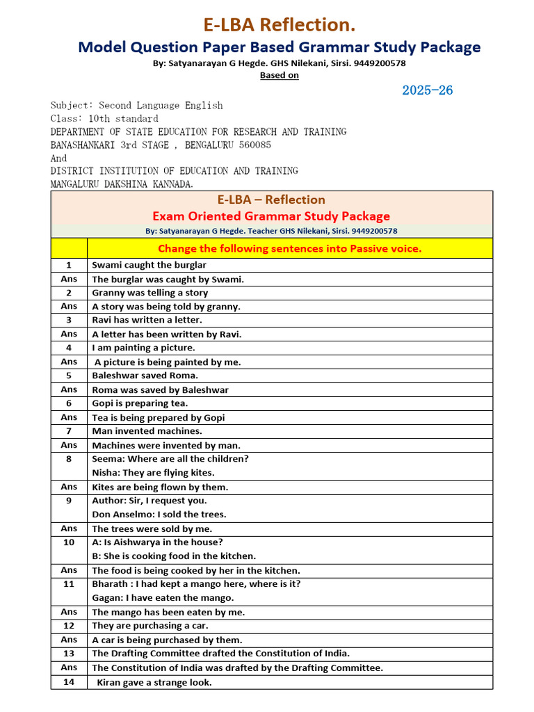 E-LBA Reflection. Based on Model Question Papers-Grammar & Composition ...