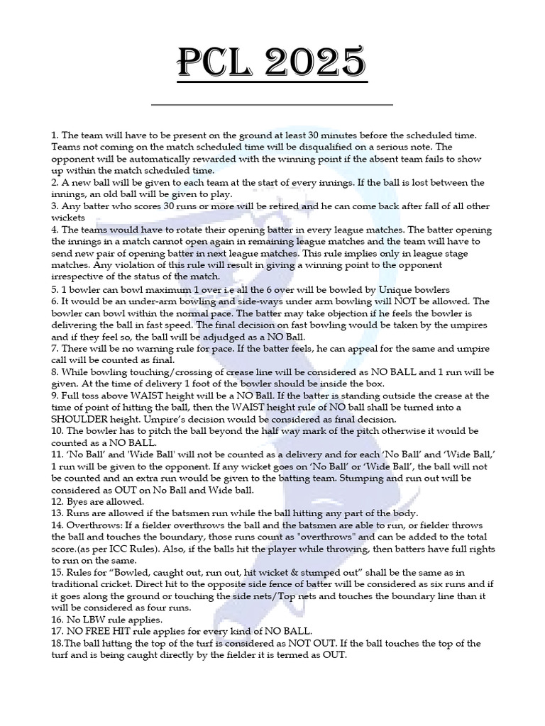 PCL 2025 Cricket Tournament Rules | PDF | Bowling (Cricket) | Games Of ...