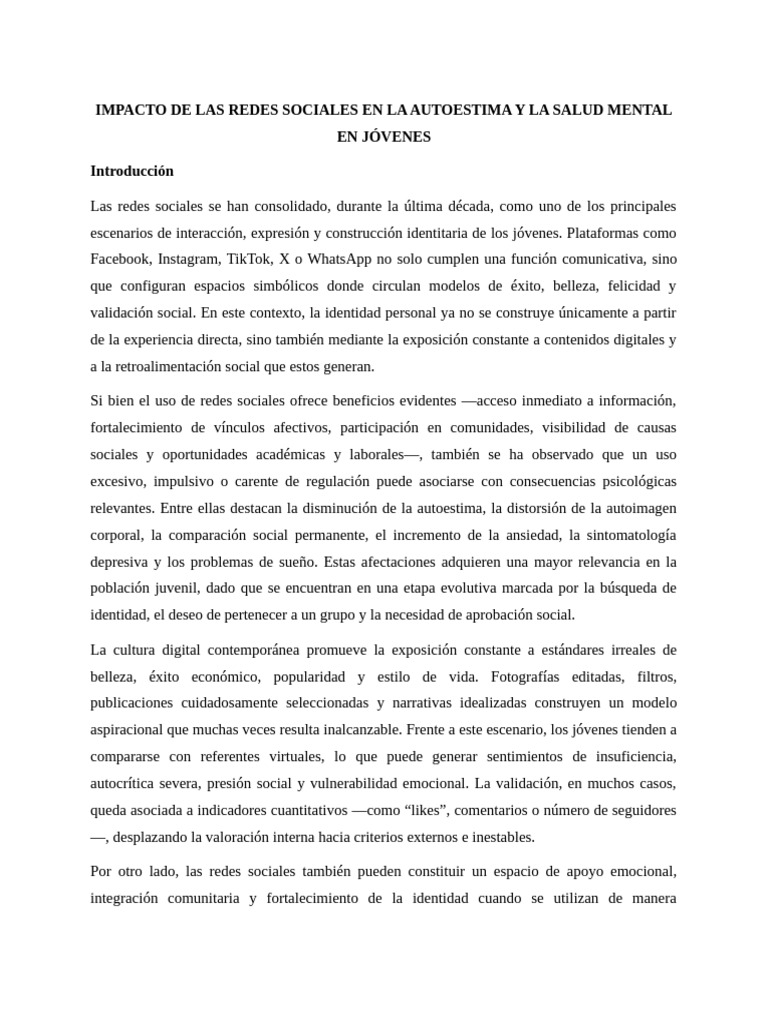 Impacto de Las Redes Sociales en La Autoestima y La Salud Mental en ...