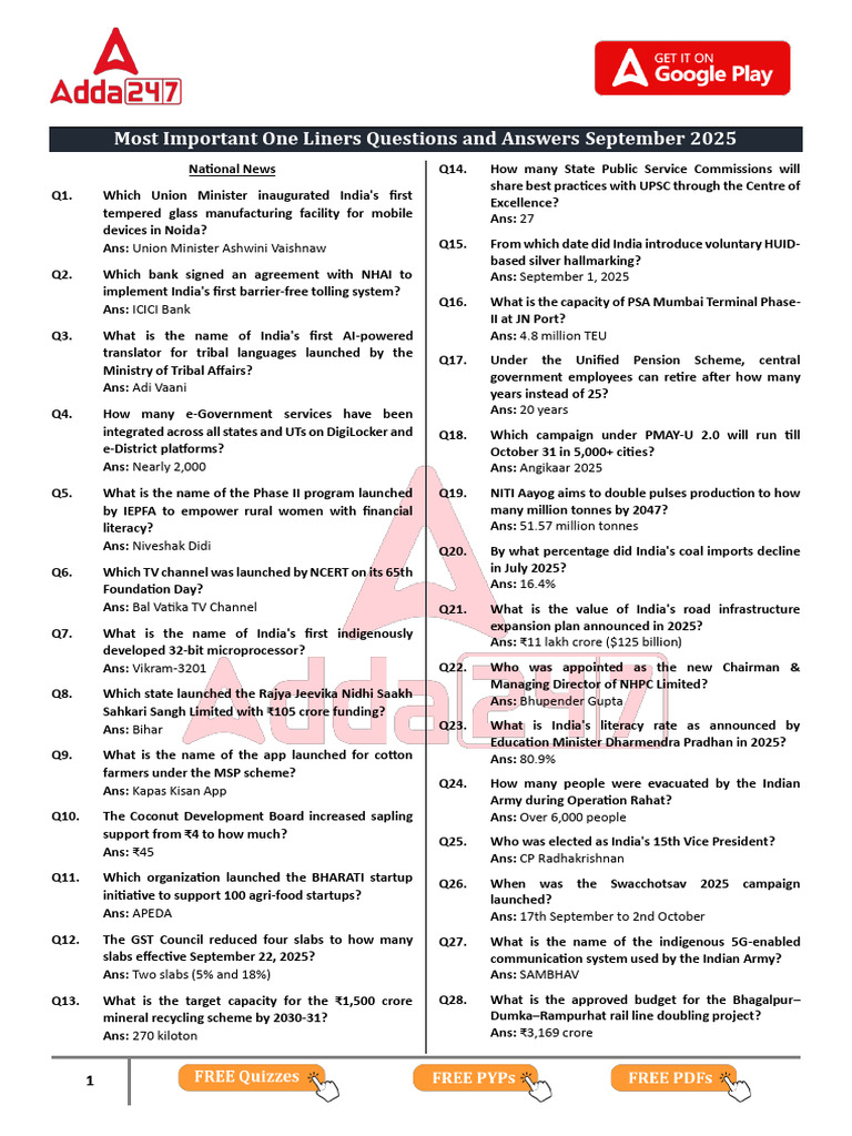 Most Important One Liner Questions and Answers September 2025 | PDF