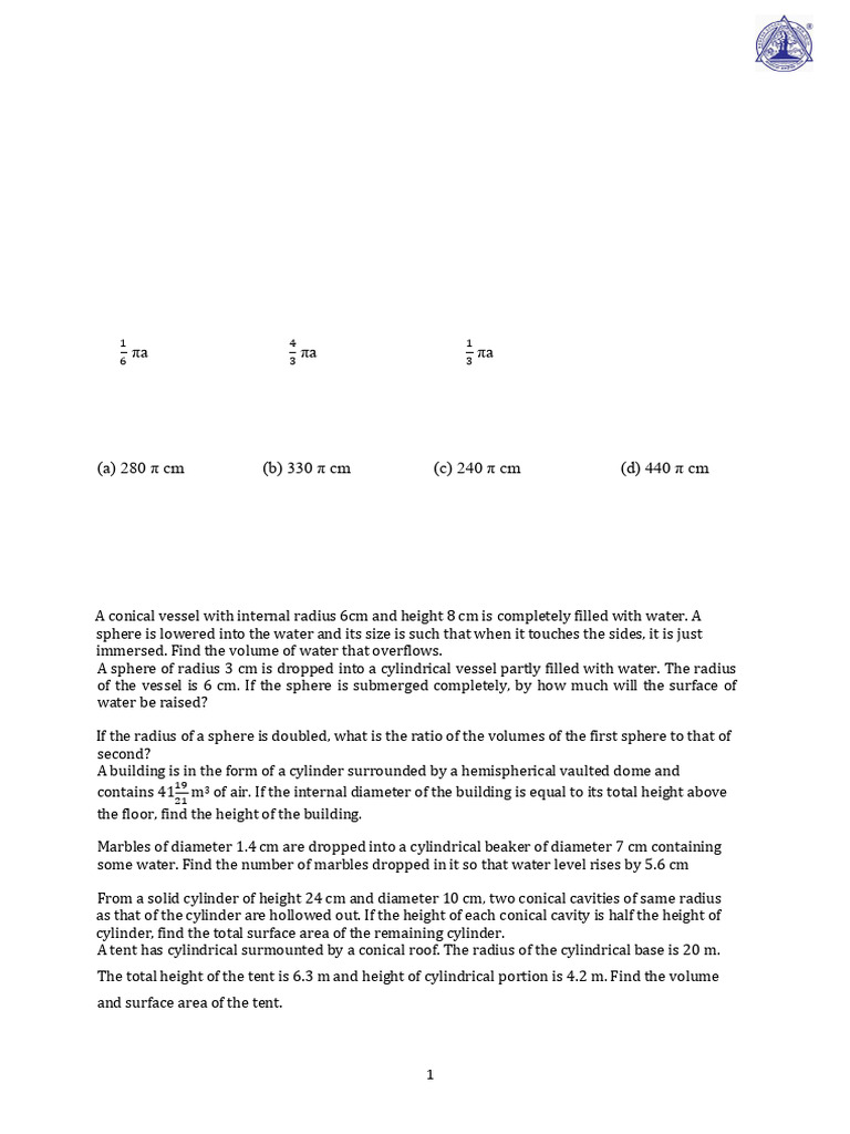 Mathematics Worksheet: Surface Areas & Volumes | PDF | Sphere | Volume