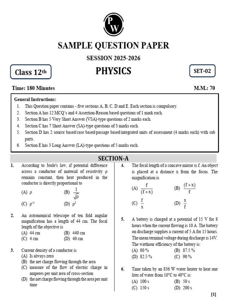 Class 12 Physics Sample Question Paper | PDF | Electromagnetic ...