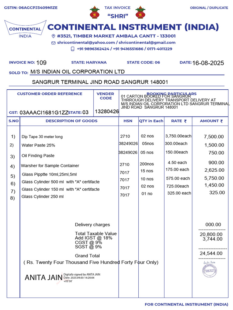 GST Invoice for Continental Instrument | PDF | Payments | Government Of ...