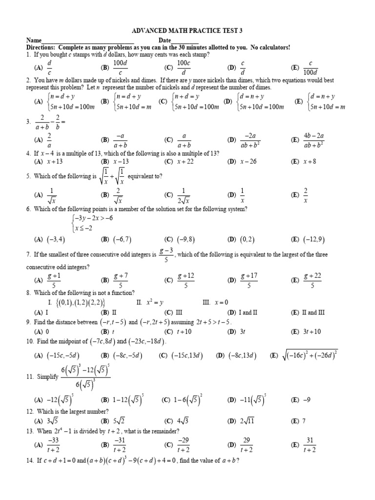 Advanced Math Practice Test 3 | PDF