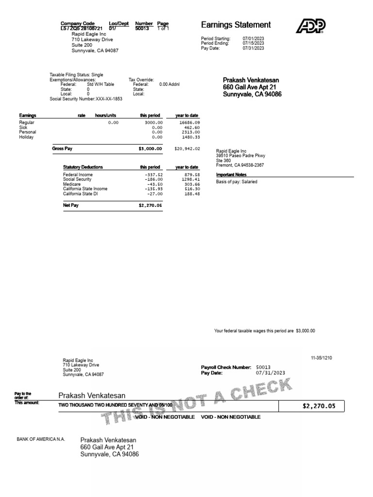 Rapid Eagle Inc Earnings Statement | PDF | Payroll Tax | United States Law