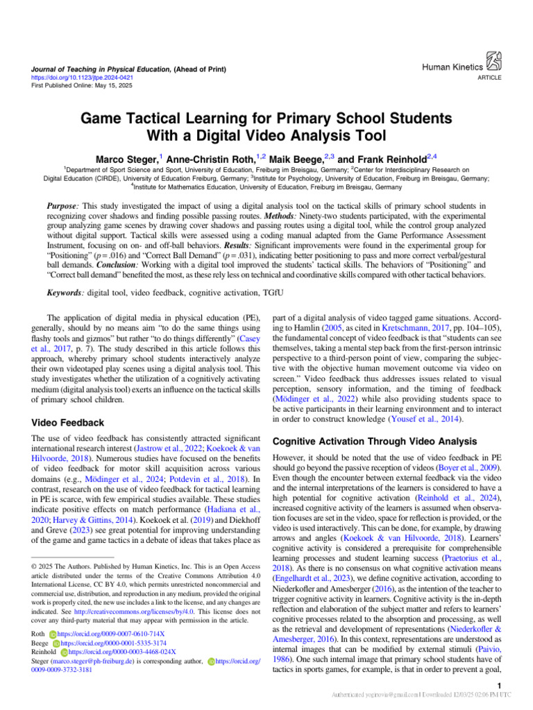 Game Tactical Learning for Primary School Students With a Digital Video ...