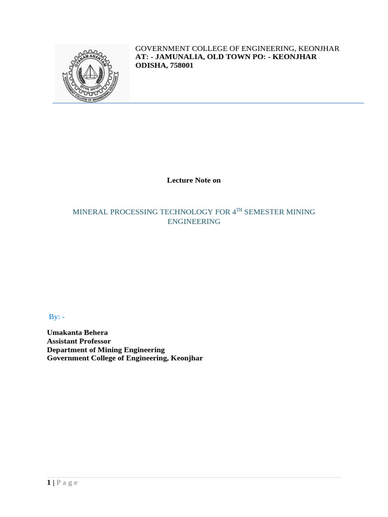 Mineral Processing Technology Lecture Notes | PDF | Mill (Grinding ...