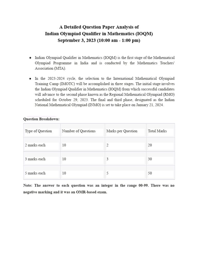 IOQ M Question Paper Analysis 2023.Docx | PDF | Algebra | Combinatorics