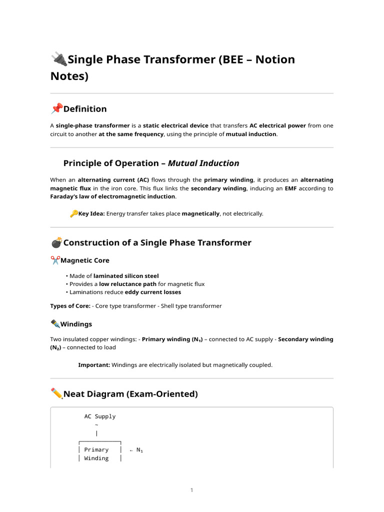 Single Phase Transformer – Notion Notes | PDF | Transformer ...