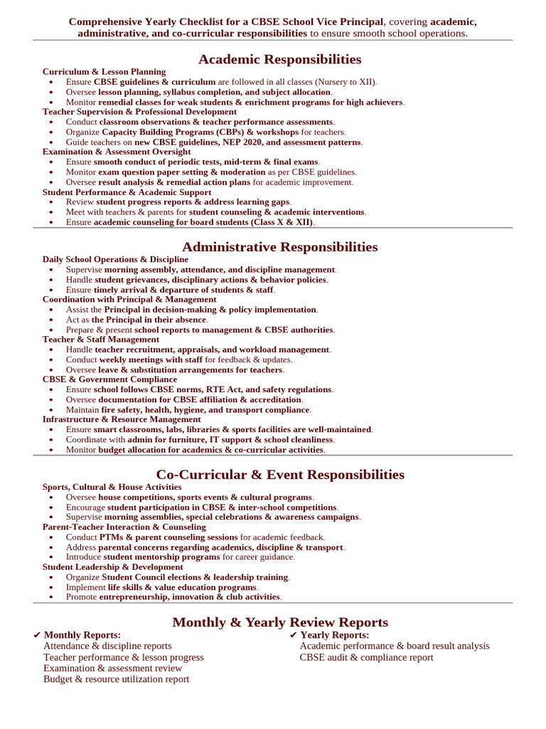 CBSE School Vice Principal Yearly Checklist | PDF | Teachers | Schools