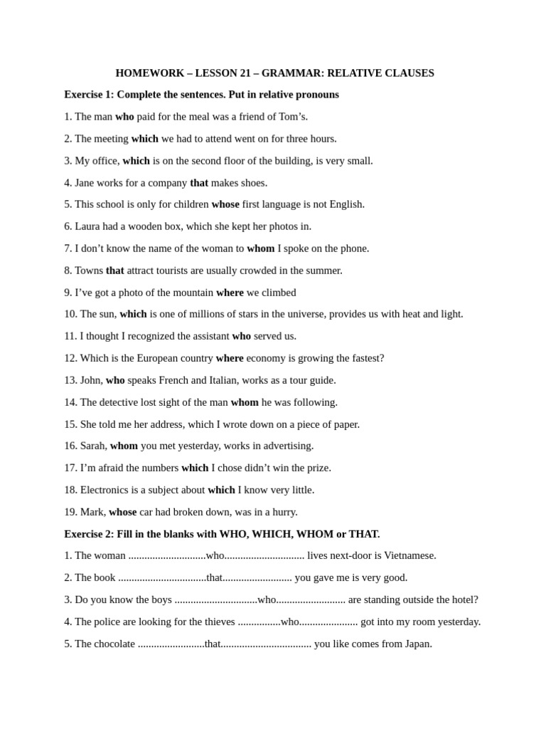 Relative Clauses Grammar Exercises | PDF