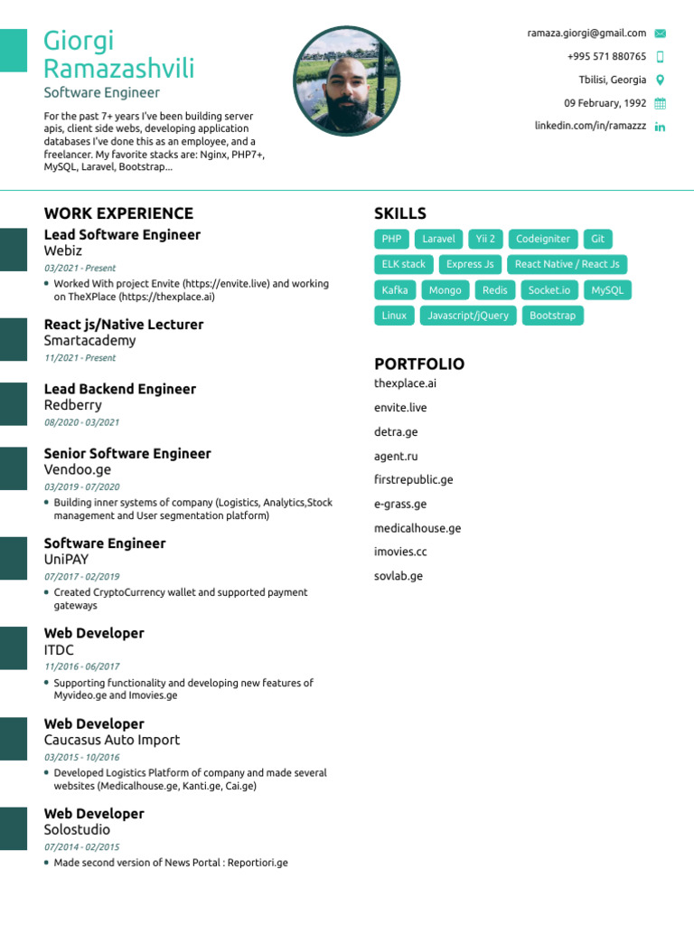 Software Engineer Portfolio: Giorgi Ramazashvili | PDF | My Sql ...