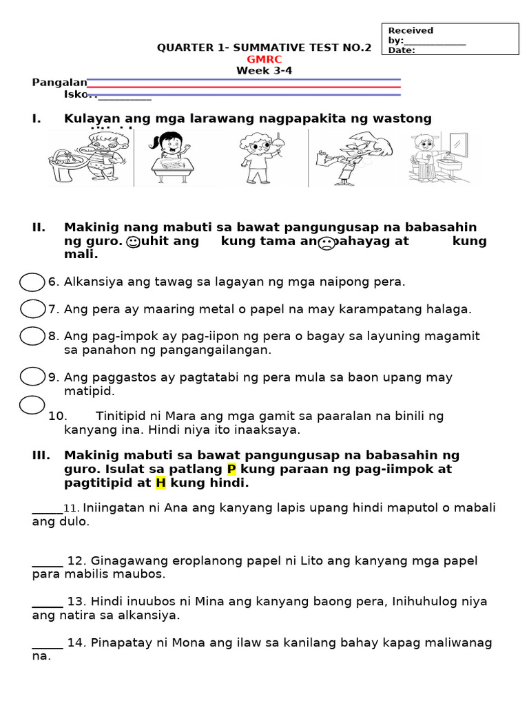 q1 Summative No. 2 Lang GMRC Math | PDF