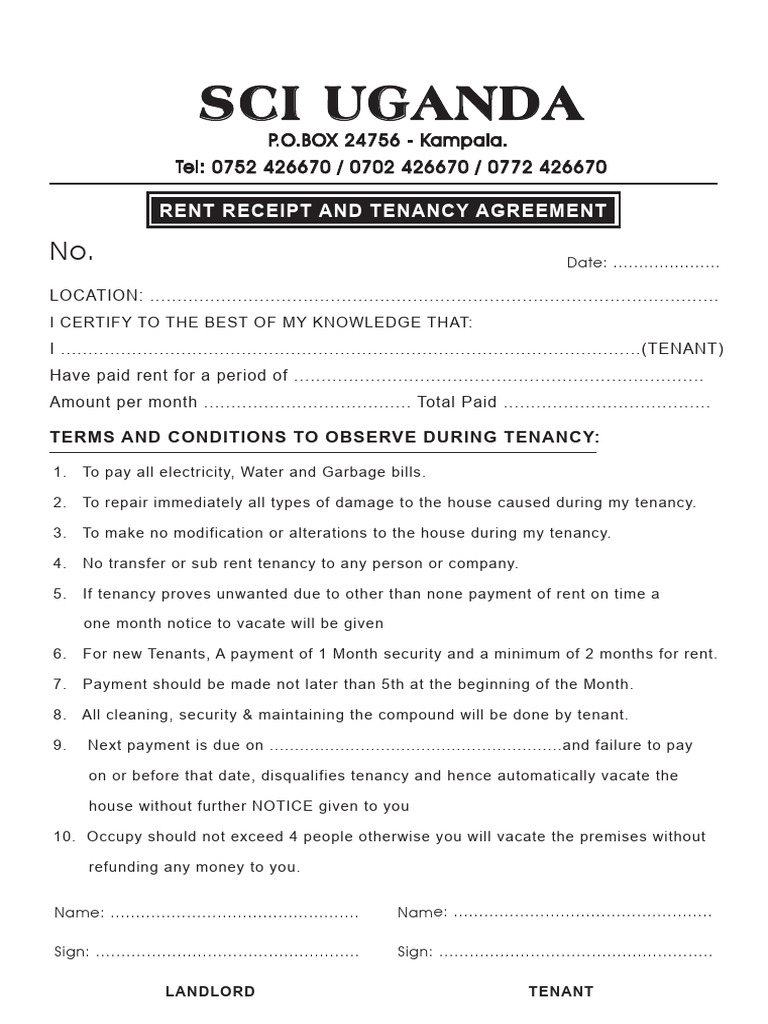 Uganda Rent Receipt & Tenancy Terms | PDF