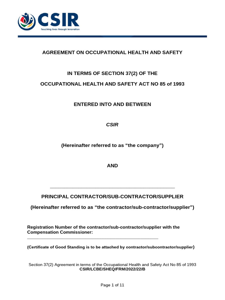 Occupational Health & Safety Agreement | PDF | Occupational Safety And ...