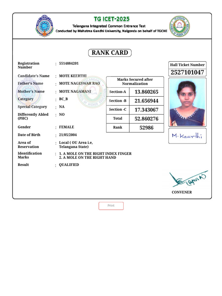 Rank Card for Mote Keerthi - 52986 | PDF