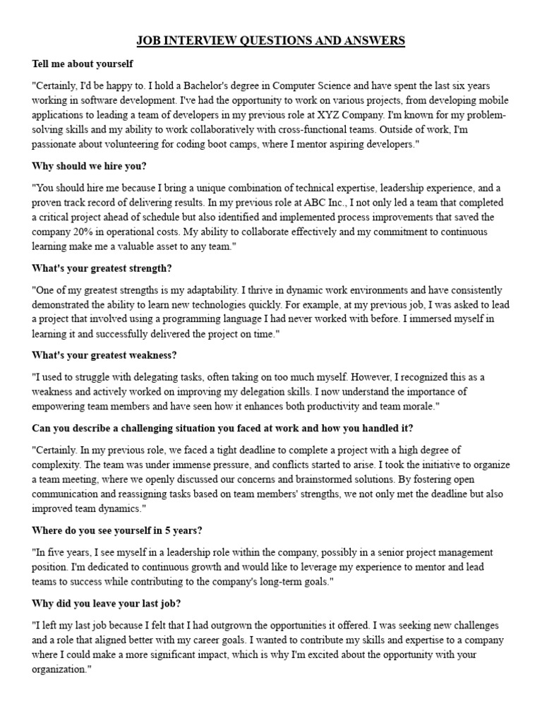 Job Interview Q&A | PDF | Project Management | Motivational