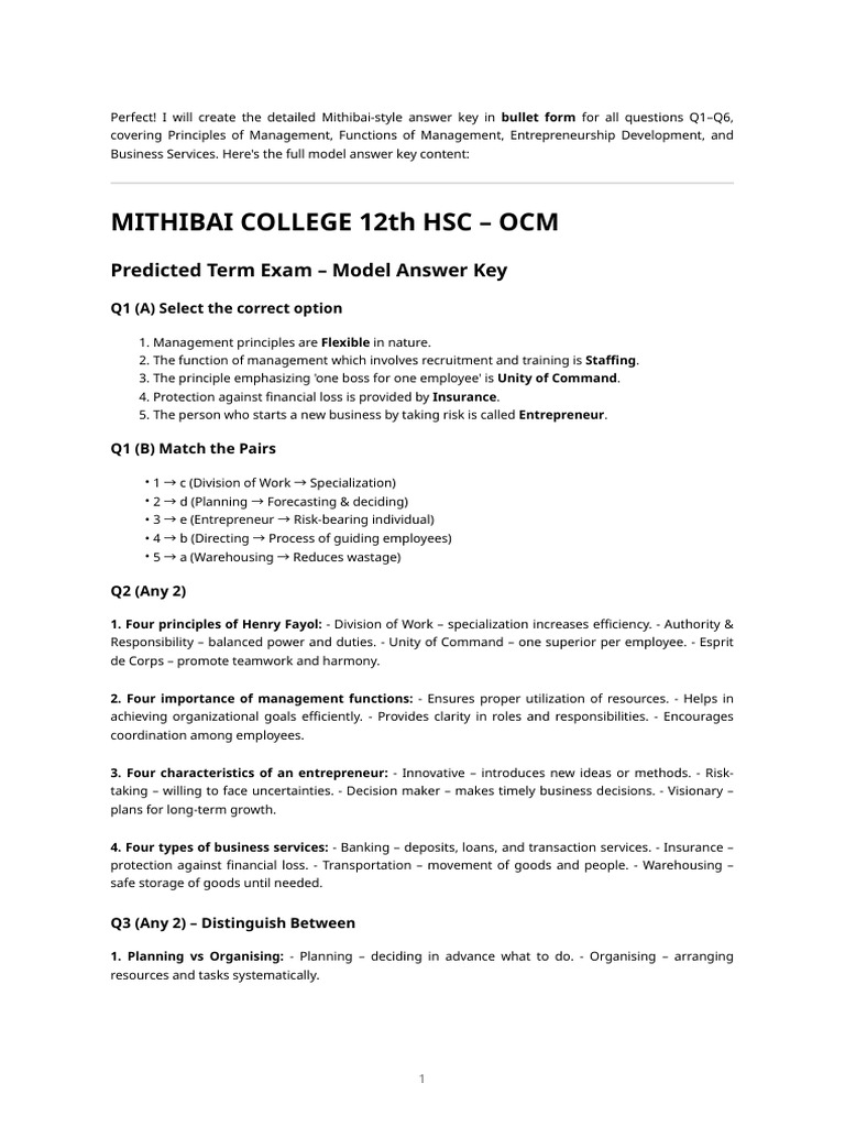 Ocm Model Answer Key | PDF | Entrepreneurship | Risk