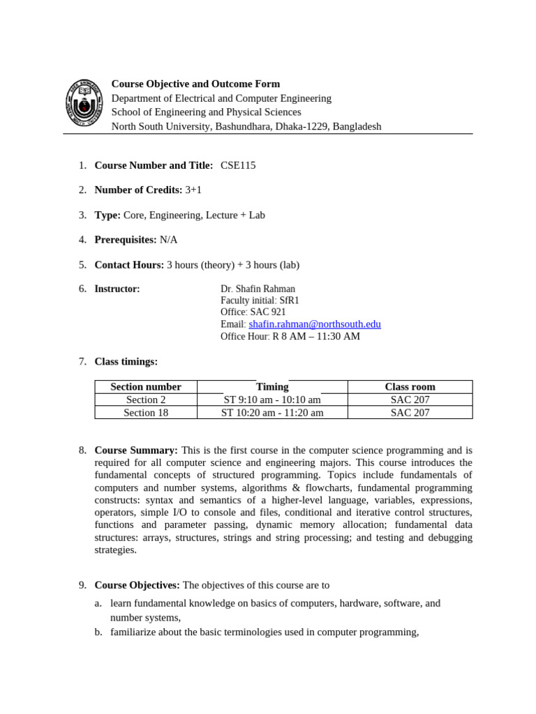 CSE115 Course Objectives and Outcomes | PDF | Computer Programming ...