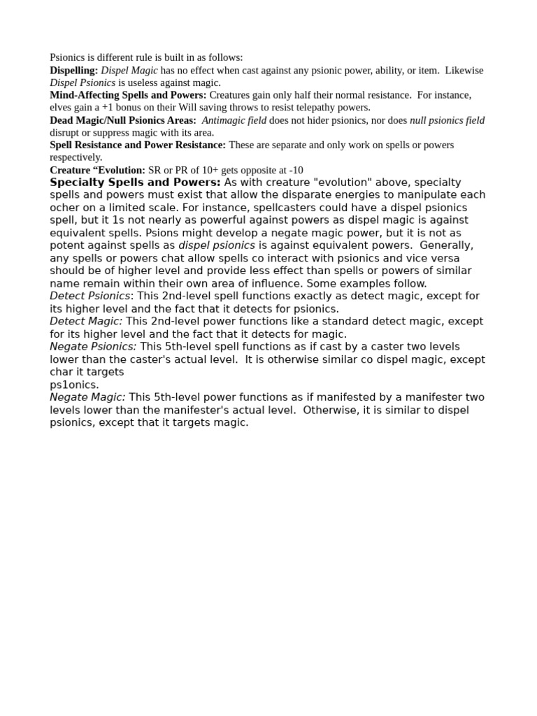 Psionics vs. Magic: Rules and Interactions | PDF