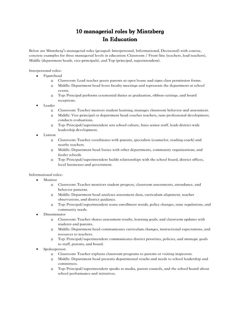 Mintzberg's Managerial Roles in Education | PDF | Teachers | Schools