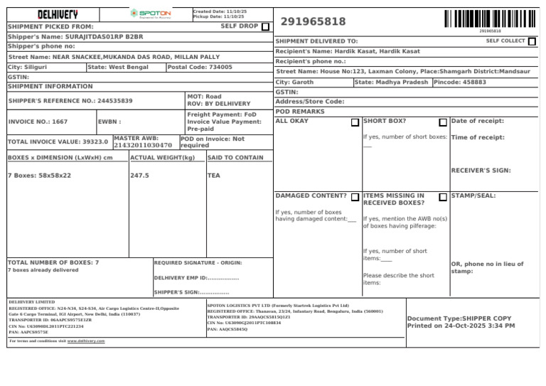 Shipment Details for Tea Delivery | PDF | Cargo | Freight Transport